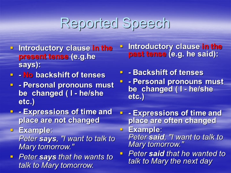 Reported Speech Introductory clause in the present tense (e.g.he says):    -